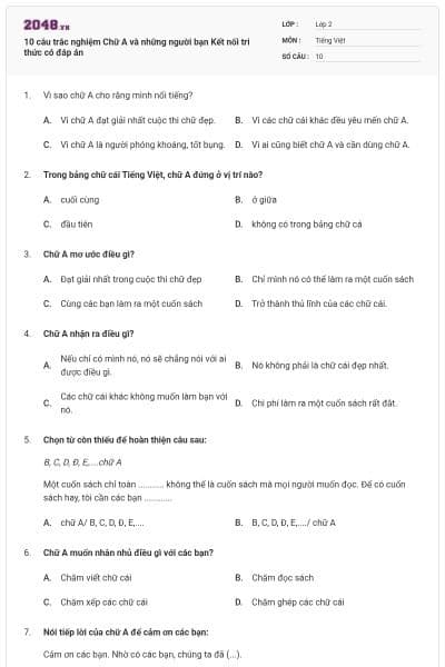 10 câu trắc nghiệm Chữ A và những người bạn Kết nối tri thức có đáp án