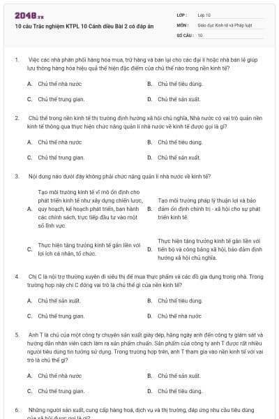 10 câu Trắc nghiệm KTPL 10 Cánh diều Bài 2 có đáp án