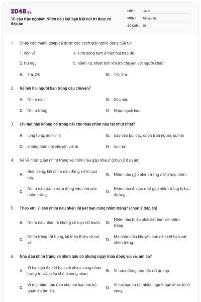 10 câu trắc nghiệm Nhím nâu kết bạn Kết nối tri thức có đáp án