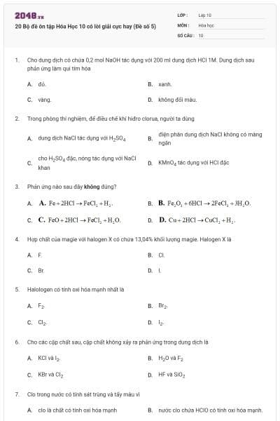 20 Bộ đề ôn tập Hóa Học 10 có lời giải cực hay (Đề số 5)