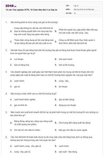10 câu Trắc nghiệm KTPL 10 Cánh diều Bài 4 có đáp án