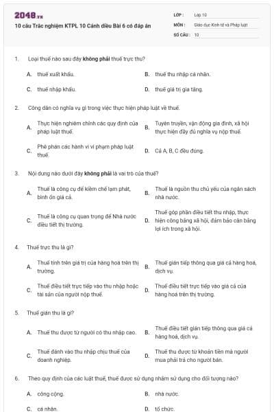 10 câu Trắc nghiệm KTPL 10 Cánh diều Bài 6 có đáp án