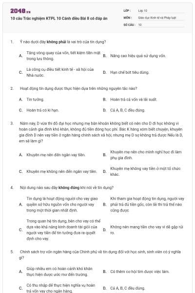 10 câu Trắc nghiệm KTPL 10 Cánh diều Bài 8 có đáp án
