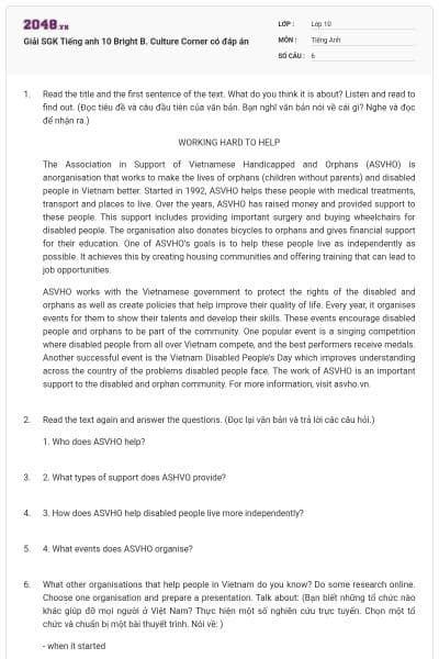 Giải SGK Tiếng anh 10 Bright B. Culture Corner có đáp án