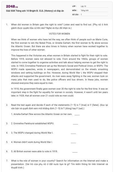 Giải SGK Tiếng anh 10 Bright B. CLIL (History) có đáp án