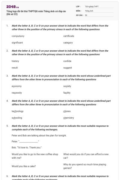 Tổng hợp đề thi thử THPTQG môn Tiếng Anh có đáp án (Đề số 22)