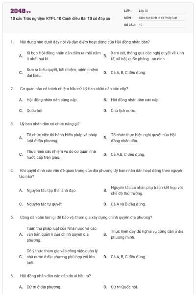 10 câu Trắc nghiệm KTPL 10 Cánh diều Bài 13 có đáp án