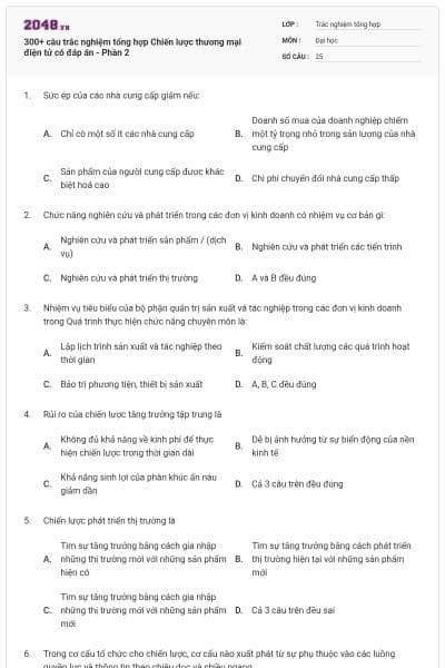 300+ câu trắc nghiệm tổng hợp Chiến lược thương mại điện tử có đáp án - Phần 2