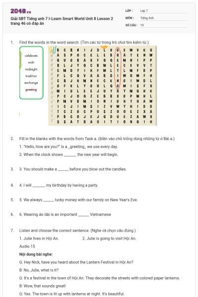 Giải SBT Tiếng anh 7 I-Learn Smart World Unit 8 Lesson 2 trang 46 có đáp án