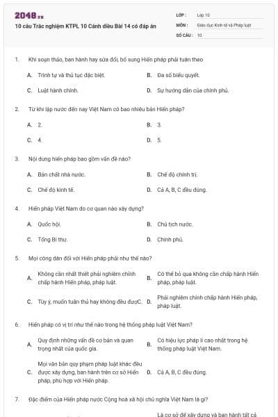 10 câu Trắc nghiệm KTPL 10 Cánh diều Bài 14 có đáp án