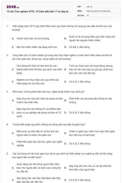 10 câu Trắc nghiệm KTPL 10 Cánh diều Bài 17 có đáp án