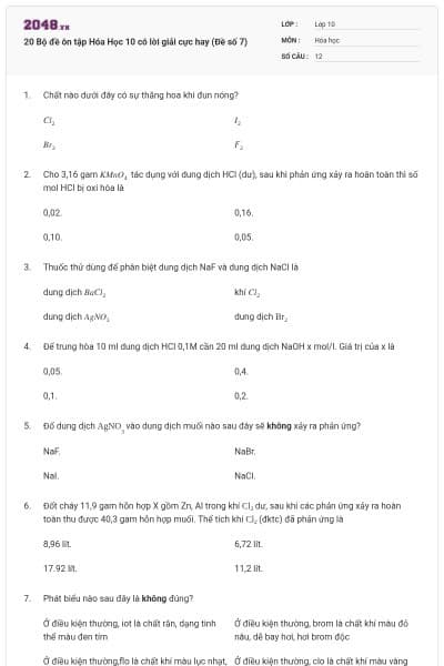 20 Bộ đề ôn tập Hóa Học 10 có lời giải cực hay (Đề số 7)