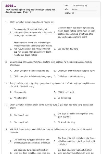 300+ câu trắc nghiệm tổng hợp Chiến lược thương mại điện tử có đáp án - Phần 11