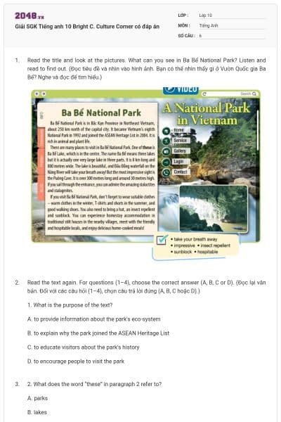 Giải SGK Tiếng anh 10 Bright C. Culture Corner có đáp án
