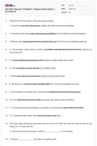 Giải SGK Tiếng anh 10 Bright C. Progress Check (Units 5 - 6) có đáp án