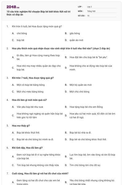 10 câu trắc nghiệm Kể chuyện Búp bê biết khóc Kết nối tri thức có đáp án