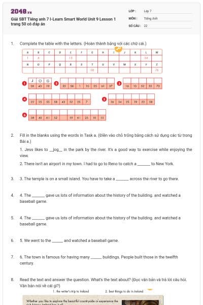 Giải SBT Tiếng anh 7 I-Learn Smart World Unit 9 Lesson 1 trang 50 có đáp án