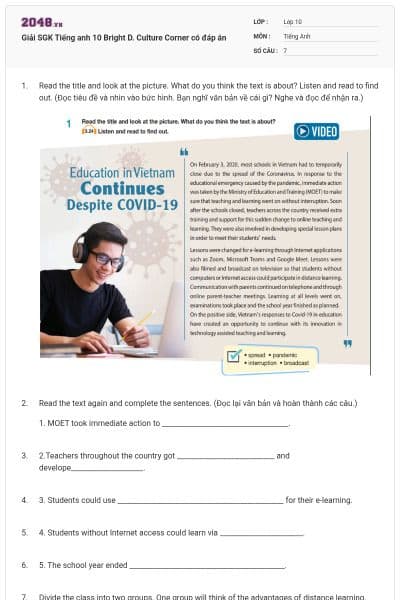 Giải SGK Tiếng anh 10 Bright D. Culture Corner có đáp án