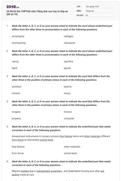 20 Đề thi thử THPTQG môn Tiếng Anh cực hay có đáp án (Đề số 10)
