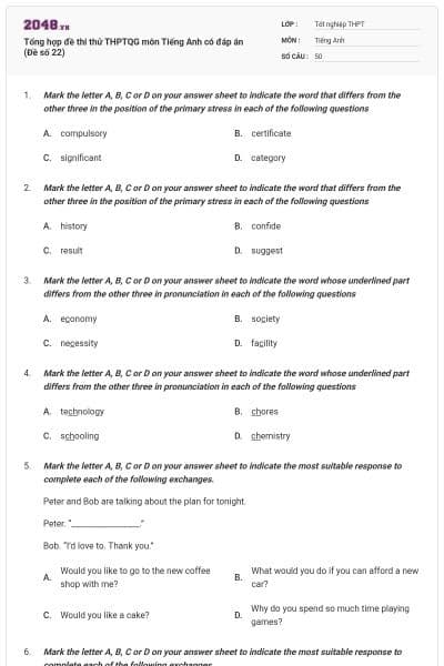 Tổng hợp đề thi thử THPTQG môn Tiếng Anh có đáp án (Đề số 22)