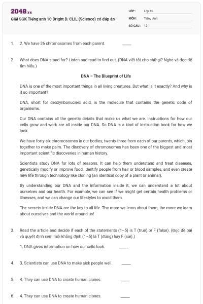 Giải SGK Tiếng anh 10 Bright D. CLIL (Science) có đáp án