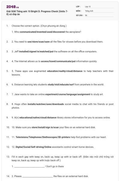 Giải SGK Tiếng anh 10 Bright D. Progress Check (Units 7-8) có đáp án