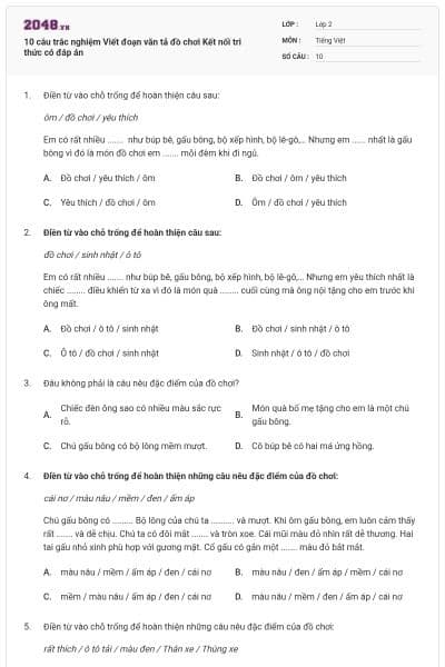 10 câu trắc nghiệm Viết đoạn văn tả đồ chơi Kết nối tri thức có đáp án