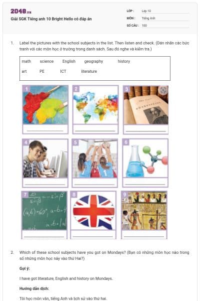 Giải SGK Tiếng anh 10 Bright Hello có đáp án