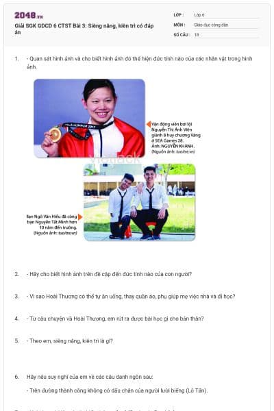 Giải SGK GDCD 6 CTST Bài 3: Siêng năng, kiên trì có đáp án