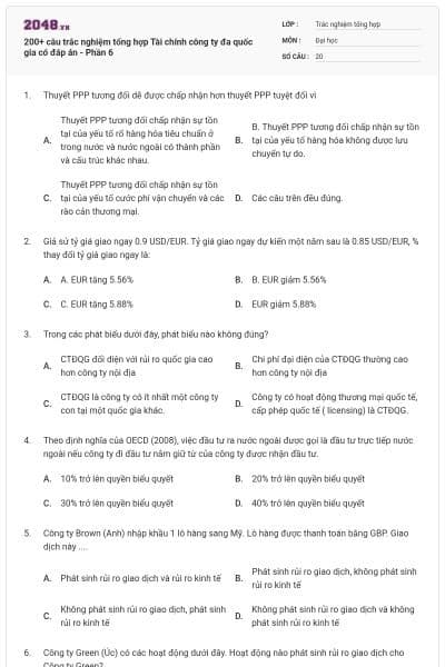 200+ câu trắc nghiệm tổng hợp Tài chính công ty đa quốc gia có đáp án - Phần 6