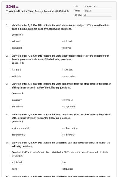 Tuyển tập đề thi thử Tiếng Anh cực hay có lời giải (Đề số 8)