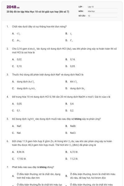 20 Bộ đề ôn tập Hóa Học 10 có lời giải cực hay (Đề số 7)