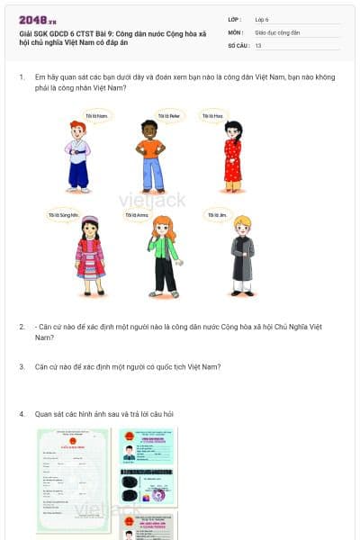 Giải SGK GDCD 6 CTST Bài 9: Công dân nước Cộng hòa xã hội chủ nghĩa Việt Nam có đáp án