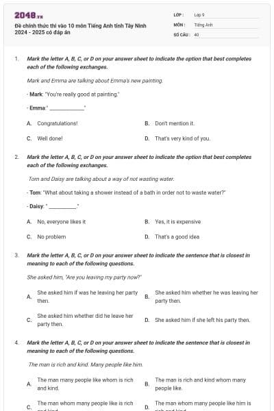 Đề chính thức thi vào 10 môn Tiếng Anh tỉnh Tây Ninh 2024 - 2025 có đáp án