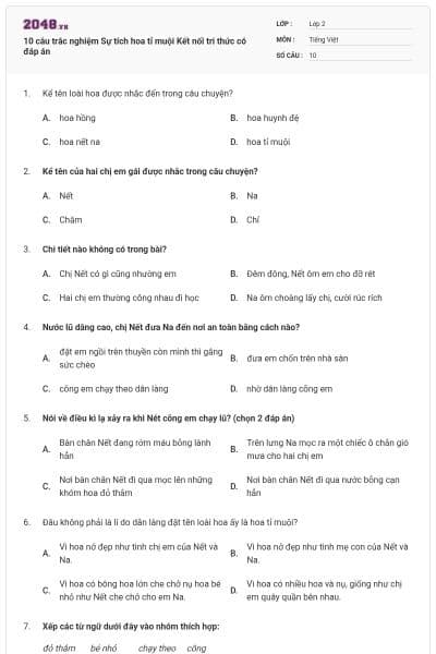 10 câu trắc nghiệm Sự tích hoa tỉ muội Kết nối tri thức có đáp án