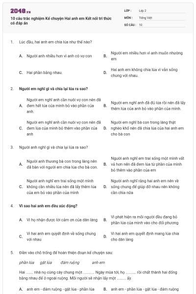 10 câu trắc nghiệm Kể chuyện Hai anh em Kết nối tri thức có đáp án