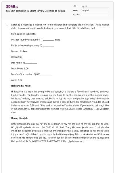 Giải SGK Tiếng anh 10 Bright Review Listening có đáp án