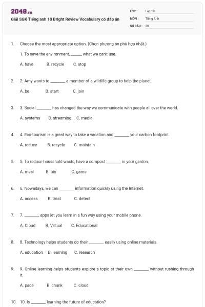 Giải SGK Tiếng anh 10 Bright Review Vocabulary có đáp án