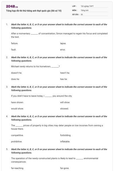 Tổng hợp đề thi thử tiếng anh thpt quốc gia (Đề số 10)