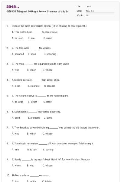 Giải SGK Tiếng anh 10 Bright Review Grammar có đáp án