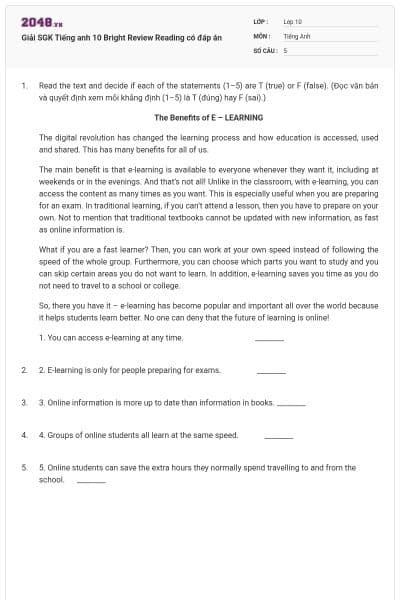 Giải SGK Tiếng anh 10 Bright Review Reading có đáp án