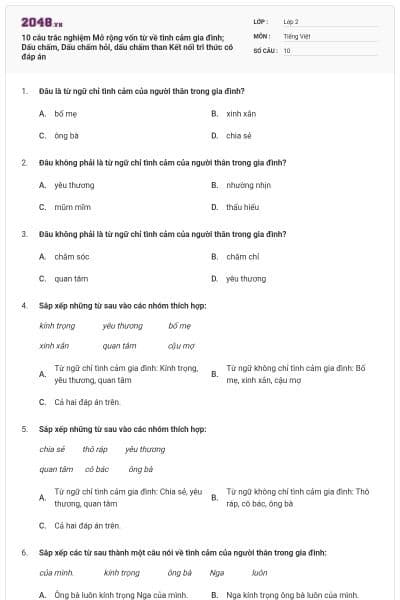 10 câu trắc nghiệm Mở rộng vốn từ về tình cảm gia đình; Dấu chấm, Dấu chấm hỏi, dấu chấm than Kết nối tri thức có đáp án