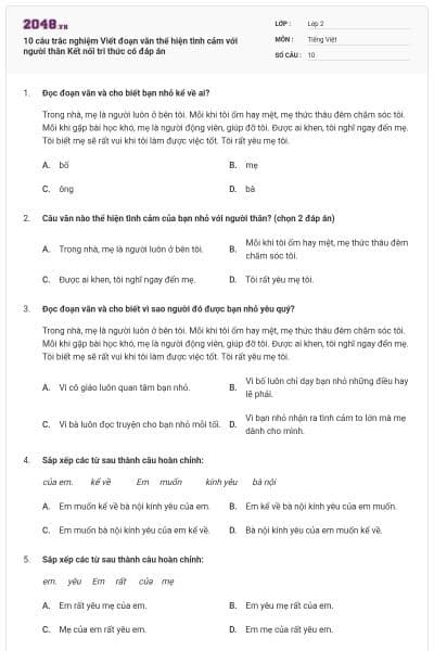 10 câu trắc nghiệm Viết đoạn văn thể hiện tình cảm với người thân Kết nối tri thức có đáp án