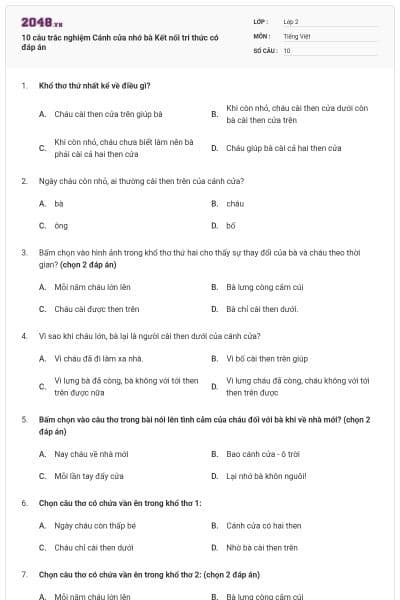 10 câu trắc nghiệm Cánh cửa nhớ bà Kết nối tri thức có đáp án