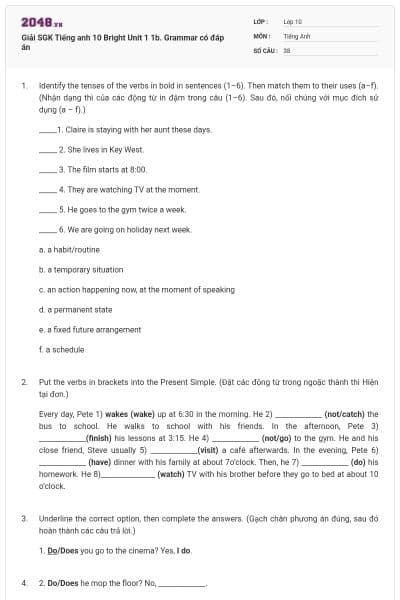 Giải SGK Tiếng anh 10 Bright Unit 1 1b. Grammar có đáp án