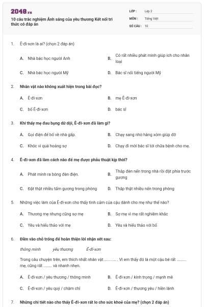 10 câu trắc nghiệm Ánh sáng của yêu thương Kết nối tri thức có đáp án