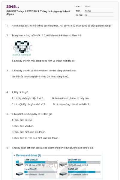 Giải SGK Tin học 6 CTST Bài 3: Thông tin trong máy tính có đáp án
