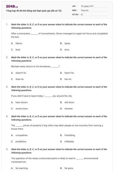 Tổng hợp đề thi thử tiếng anh thpt quốc gia (Đề số 10)
