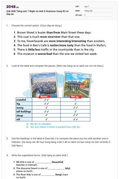 Giải SGK Tiếng anh 7 Right on Unit 5 Grammar trang 82 có đáp án