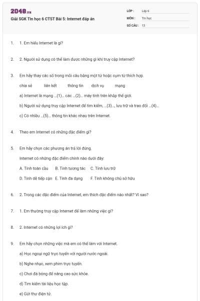 Giải SGK Tin học 6 CTST Bài 5: Internet đáp án